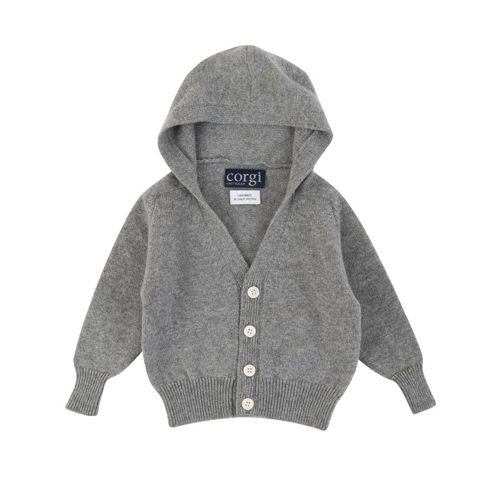 A sumptuous, grey button-down hooded cardigan for baby available in both wool and cashmere is a special treat that every new parent and baby will love, by Corgi Socks.