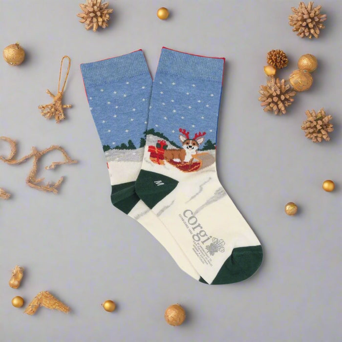 Kids Christmas Sledging Corgi Cotton Socks